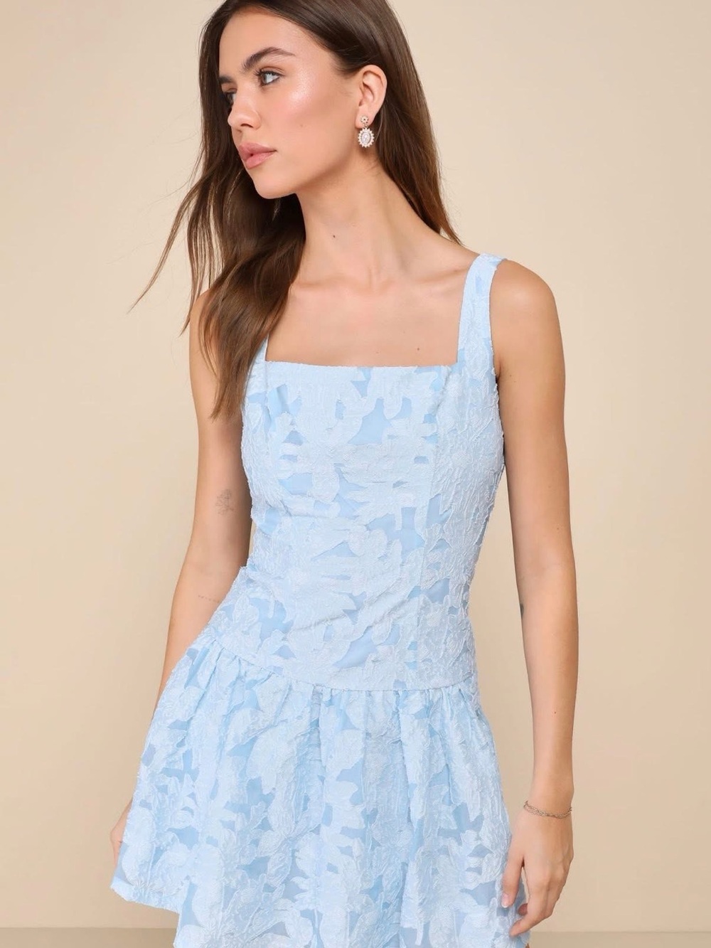 Lulu's Powder Blue Floral Lace Square-Neck Mini Dress